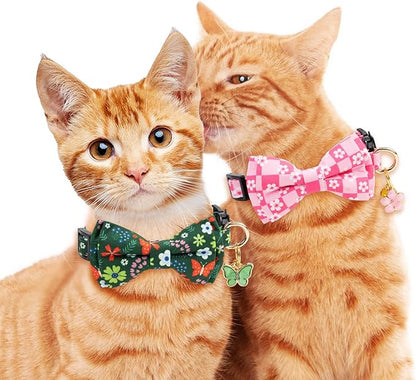 2 Pack Cotton Cat Collar with Bow Tie and Bell for Male Female Cats,Soft Fancy Breakaway Kitty Kitten Collar with Ghost& Pumpkin Patterned Design for Boy Girl Cats. (Butterfly&Flower)