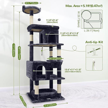 Globlazer Heavy Duty Cat Trees for Large Cats, Sturdy 72in Maine Coon Cat Tree for Large Cats 20 lbs+ Heavy Duty Cat Tower for Adult Biggest Cat with 6 Scratching Posts, Hammock, S72, Dark Gray