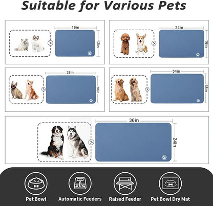 Dog Food Mat - Absorbent Cat Mat for Food and Water, No Stains Pet Feeding Bowl Mat, Easy to Clean Pet Placemats, Quick Dry Dog Water Dispenser Mat for Messy Drinkers | Paw Blue 18"x34"