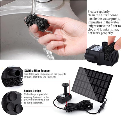 Solar Fountain Pump for Bird Bath, with Separate Solar Panel, 2 W Upgraded Solar Water Pump with 3 M Long Cable & 4 Nozzles for Bird Bath, Outdoor Pond, Patio Garden and Fish Tank (Black)