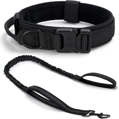 Tactical Dog Collar Set, Adjustable Military Training Nylon Dog Collar with Control Handle and Heavy Quick-Release Metal Buckle for Small Medium Large Dogs, Black Set M