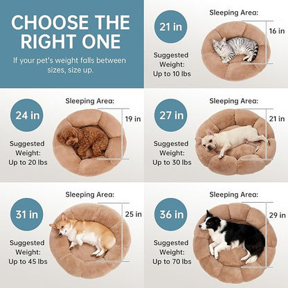 OhGeni 31 inches Calming Donut Orthopedic Dog & Cat Bed for Medium Pets, Warming Comfort Fluffy Short Pile Fur, Durable Waterproof Machine Washable Removable Cover, Cute Round Bed for Puppy, Brown