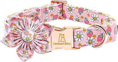 Lionheart glory Dog Collar Flower Collar Pink Dog Collar with Flower Spring Summer Cute Collar Dog Female Soft Durable Adjustable Dog Collars for Small Dogs, B:Strawberries