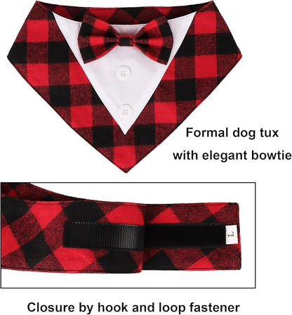 ADOGGYGO Christmas Dog Tuxedo Bandana, Red Plaid Xmas Pet Bowtie Collar, Adjustable Christmas Costumes for Extra Large Dogs (XL)
