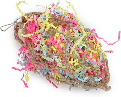Wontee Bird Jute Paper Strips Parrot Mesh Bag Hanging Chewing Toy for Parakeet Cockatiel Conure Cockatoo African Grey Macaw