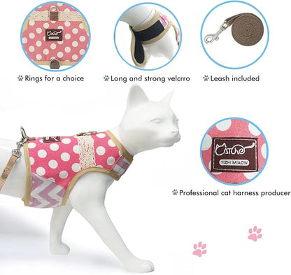 Cat Harness and Leash for Walking Escape Proof, Adjustable Cat Vest Harness, Padded Stylish Cat Walking Jackets, Polka Dot Pink, XX-Large
