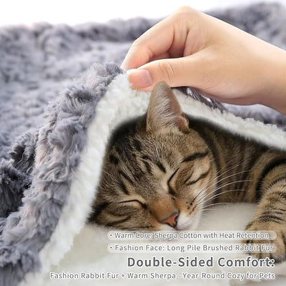 Cat Blanket for Indoor Cats - Ultra Thick 460GSM Faux Rabbit Fur & 260GSM Sherpa, Small Pet Throw for Carrier, Crate & Couch Protection, Soft Thermal Kitten Bedding, 21"x18" Grey