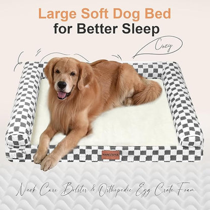 Large Dog Bed Orthopedic Washable: Beds Bolster XL Bed Large Big Dogs Egg Crate Foam Couch Sofa Waterproof with Removable Cover - Dark Grey Grid