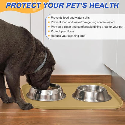 Silicone Pet Feeding Mat with Raised Edge for Food and Water, Dog Bowl Mats, Cat Bowls Placemat with High Lip for Floor Waterproof, Rubber Tray for Cats and Dogs 24 x 16 x0.8 Dark Beige