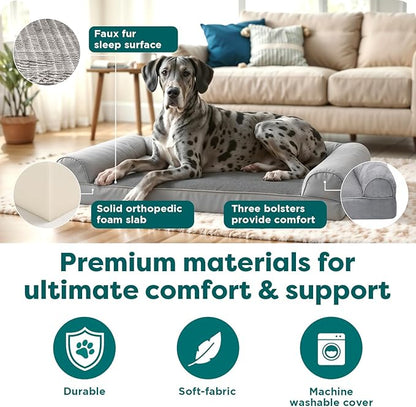 FurHaven Orthopedic Dog Bed For Large Dogs, Sofa Contour Mattress with Solid Orthopedic Foam Slab for Joint Support, Removable Washable Cover, Jumbo Plus XXL, Faux Fur, Charcoal