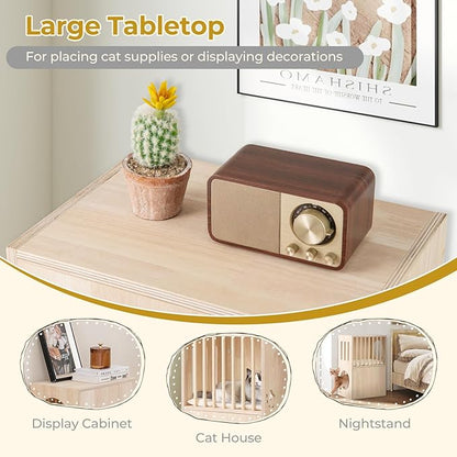 Tangkula 2-Tier Luxury Wood Cat House, Wooden Kitten Cage Condo with 2 Washable Plush Cushions, 2 Access Holes, Indoor Pet Playpen Cat Catio End Side Table Nightstand, Ventilated Cat Bed Furniture