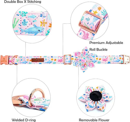 Lionheart glory Dog Collar Flower Collar Pink Dog Collars with Flower Summer Cute Sea Animals Print Collar Dog Female Soft Durable Adjustable Dog Collars for Small Dogs