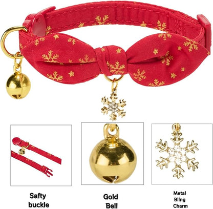 2 Pack Christmas Cat Collar with Bell and Removeable Bunny Bowtie,with Bling Snowflake Charm and Printing Pattern, Safety Breakaway Clasp, Adjustable for Kitten and Cats Green and Red.
