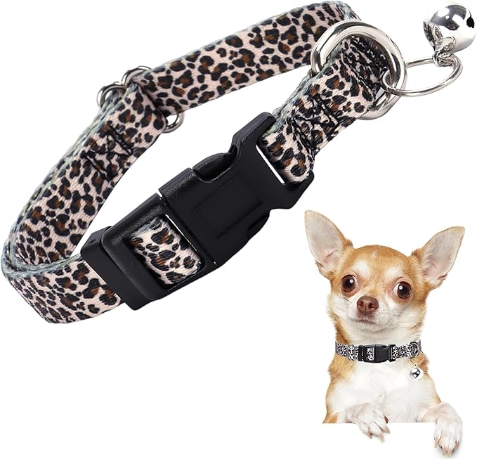 Puppy Collar with Bell，Nylon - Adjustable XXS/XS Tiny Dog & Cat Collar for Small Breeds,Soft Leopard Collar with Quick-Release Buckle（Leopard XS）
