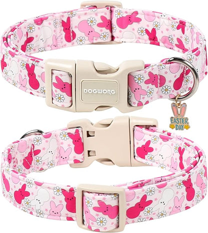 DOGWONG Easter Dog Collar, Cute Easter Pink Bunny Pet Collar Durable Holiday Girl Boy Adjustable Cotton Dog Collars for Medium Large Dogs,L Visit The Elegant Little Tail Store