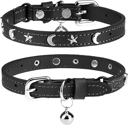 Leather Cat Collars for Boy Girl Cats with Bell and Safety Elastic Belt, Personalized Star and Moon Stud Adjustable Safe Buckle Collar for Kitty Small Big Cats Size 7-9 Inch, Black