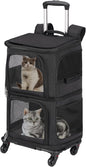 Double Pet Carrier Backpack with Wheels for Small Cats and Dogs, Rolling Cat Travel Carrier, Super Ventilated Design, Ideal for Traveling/Hiking/Camping, Black