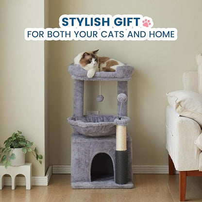 Cat Tree for Indoor Cats, 32 Inch Tall Cat Tower with Hammock, 2 Condos, Plush Perch & Sisal Scratching Posts, Multi-Level Kitten Activity Center for Small Medium Cats, Grey