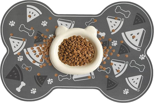 Dog Food Mat, 0.15” Thickened Super Absorbent Pet Feeding Mat for Food and Water, Fruit Donut Pattern Cat Placemat, Quick Dry Non-Slip Dog Bowl Mat, Water Splash Proof（Medium Watermelon Grey）