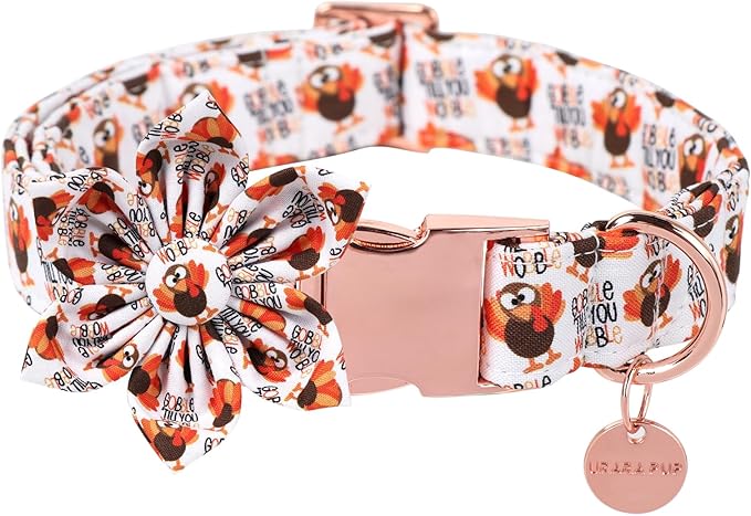 Thanksgiving Dog Collar with Flower, Turkey Cotton Flower Collar for Puppy Girl Dog or Cat, Autumn Flower Collar with Durable Metal Buckle, Thanksgiving Pet Collar, S, Neck 10-16in