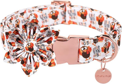 Thanksgiving Dog Collar with Flower, Turkey Cotton Flower Collar for Puppy Girl Dog or Cat, Autumn Flower Collar with Durable Metal Buckle, Thanksgiving Pet Collar, S, Neck 10-16in