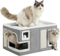 Large Cat Houses for Indoor Cats, Extra Wide Cat Cave Bed with Scratch Pad and Fluffy Ball, Foldable Cat Hideaway Condo for Large Cats, Modern Kitten Bed,23x16x13 inches (Grey, X-Large)