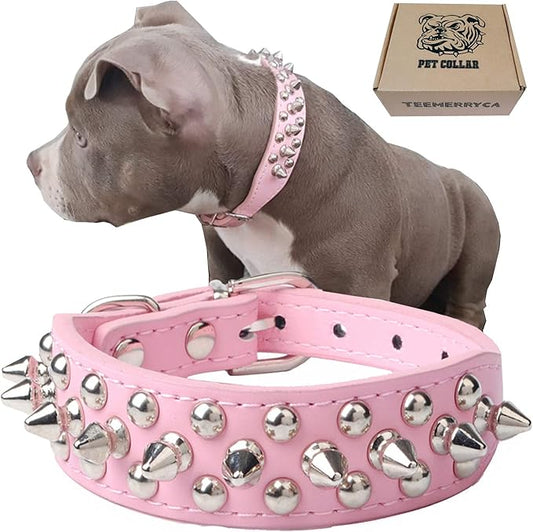 TEEMERRYCA Adjustable Leather Spiked Studded Dog Collars with a Squeak Ball Gift for Small Medium Large Pets Like Cats/Pit Bull/Bulldog/Pugs/Husky, Pink, S 10.8-13.2 inches