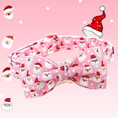 Dog Collar, Christmas Pink Santa Claus Cotton Pet Collar Bow Holiday Girl Boy Cute Puppy Collar Adjustable Pet Collar for X-Large Dogs