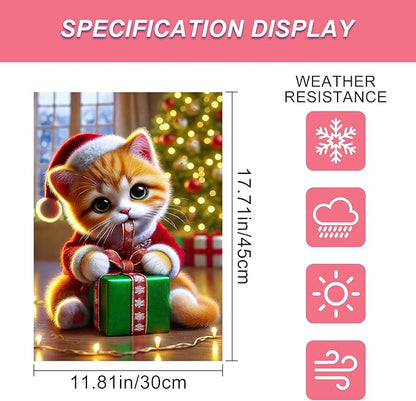 Christmas Garden Flag 12x18 Inch Cute Kitten Gift Flag Double Sided Holiday Cat Banner Outdoor Pet Yard Decoration for Porch Tree Lighting Display
