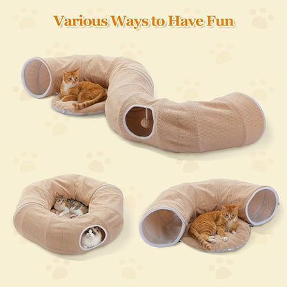 PEQULTI Cat Donut Tunnel with Bed for Indoor Cats, Cat Play Tunnel with Washable Soft Plush Mat, Round Tube Toys Cute Tube for Kittens, Puppies, Rabbits and Ferrets, Beige