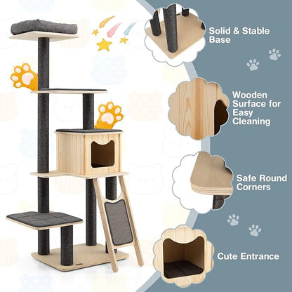 PETSITE 69-inch Tall Wooden Cat Tree Tower, Modern Cat Activity Center Tree with Sisal Scratching Posts & Board, Condo & Top Perch for Indoor Cats, Grey