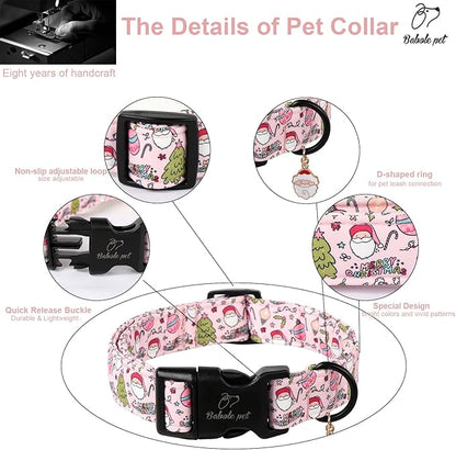 Christmas Dog Collar for Giant Large Dogs - Cute Santa Print Pink Christmas Collars for Dogs, Soft Adjustable Winter Holiday Dog Collars with Quick Release Buckle XL