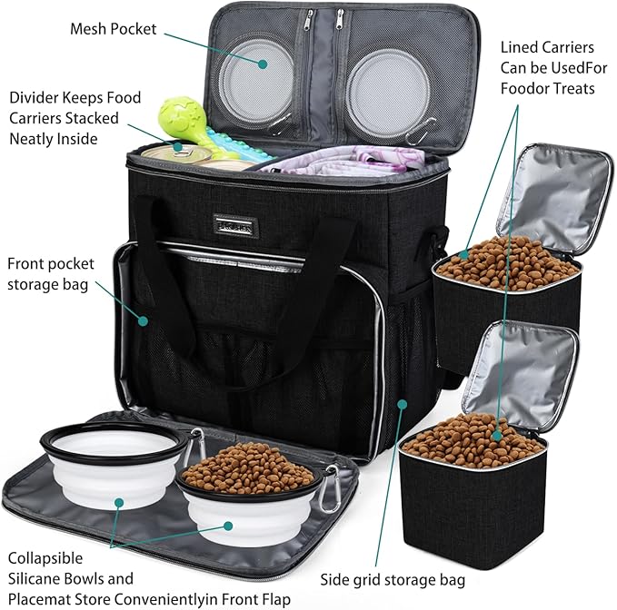 BAGLHER Dog Travel Bag, Pet Travel Bag (All Pet Travel Supplies), with 2 Pet Food Containers and 2 Collapsible Silicone Bowls; Essential Kits for Travel Black