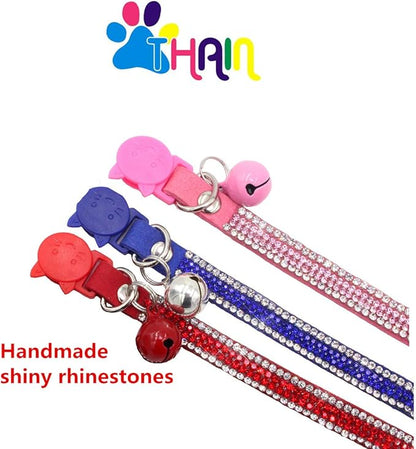 THAIN Basic Adjustable Cat Collar Bling Diamond Breakaway with Bell for Kitten Girl boy (Red)