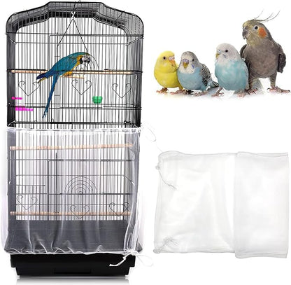 Daoeny Universal Bird Cage Cover, Adjustable Parrot Nylon Airy Soft Mesh Net, Seed Feather Catcher, Birdcage Cover Skirt Sheer Guard for Parakeet Macaw Round Square Cages (White)