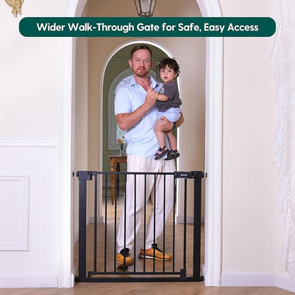 BABELIO Baby Gate for Doorways and Stairs, 31-36" Pet Gate with Wide Walk Thru Door and Lock Indicator, No Drill Pressure Mounted Safety Gate with Double Lock and Self-Closing, Black