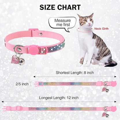 Rhinestone Cat Collar Breakaway with Bell, Diamond Cat Collar with Safety Buckle Quick Release for Girl Boy Small Kitten Pets Puppy,Cute Soft Female Male Cat Collars, Colorful Pink 8-12"