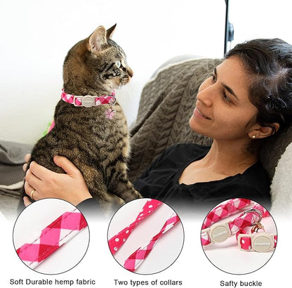 Cat Collar,2 Pack Cute Cat Collars Breakaway with Bell- Safety Buckle Pink Plaid Cat Collar for Girl Cats and Small Dogs，Adjustable 7-12 Inch,Pet Supplies Accessories