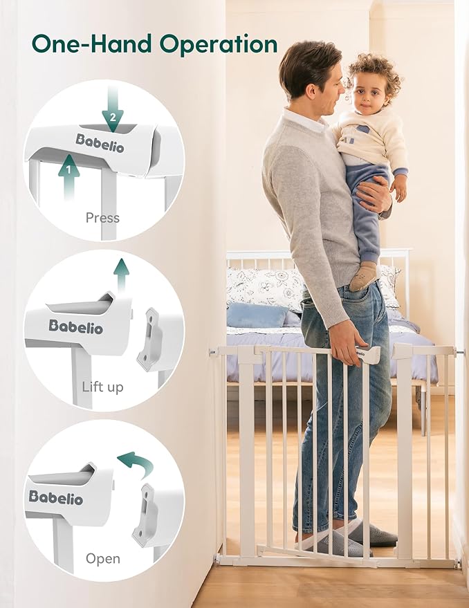 Babelio Metal Baby Gate, 29-43" Auto Close Easy Install Pet Gate PressGuard P7, Extra Wide Walk Thru Child Safety Gate, 30" Tall Pressure Mounted Dog Gate for Doorways & Stairs, White