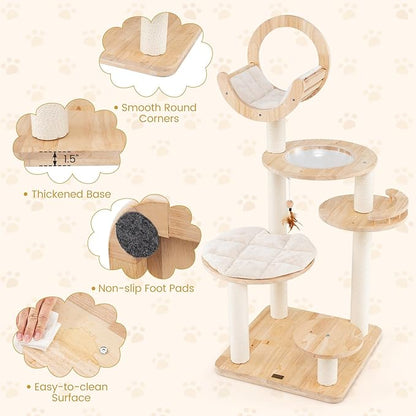 Nightcore 57” Tall Solid Wood Cat Tree for Indoor Cats, Building Block Kitten Tower w/Perch, Scratching Posts, Washable Cushions, 4 Install Options, Multi-Level Cat Activity Center Climbing Furniture