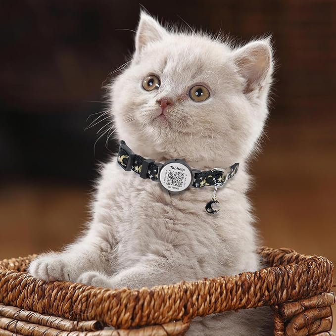 2PCS Breakaway Cat Collars with Moons Stars Cute Kitty Adjustable Safe Kitten Collars with Smart ID QR Code tag,Moon and Star Kitten Safety Collars for Boys & Girls(Black & Purple)