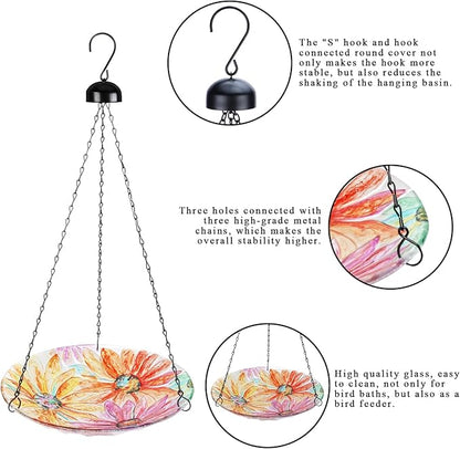 VCUTEKA Hanging Bird Bath, Glass Bird Baths for Outdoors Birdfeeder with 21 inch Rust-Proof Chain for Garden Yard Decor, Flower