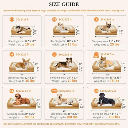 Comfort Expression Orthopedic Dog Bed for Extra Large Dogs 42x30 Inch, Waterproof Supportive Egg Crate Foam XL Pet Bed with Removable Bolsters, Dog Couch with Washable Cover & Non-Slip Bottom, Caramel