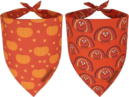 ADOGGYGO Thanksgiving Dog Bandanas 2 Pack, Reversible Pumpkin Turkey Pet Scarf, Premium Fabric, Adjustable Fit Orange Thanksgiving Bandanas for Medium Large Dogs (Large)