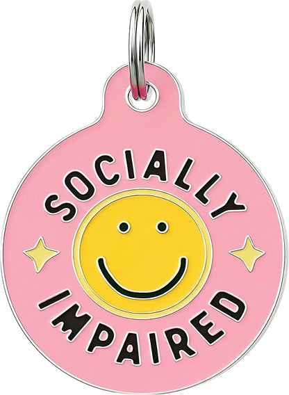 Bad Tags Personalized Dog and Cat ID Tags in 25+ Designs and 2 Sizes - 5 Lines of Custom Engraved Text - Funny Cute Personalized Pet Tags (Socially Impaired - Pink, Small (1 inch))