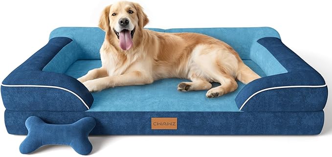 Extra Large Dog Bed, Orthopedic Dog Bed with Cooling Gel Memory Foam, Waterproof XL Pet Bed with Removable Washable Cover, 42" Pet Sofa Couch Dutch Velvet with Bone Toy, Navy Blue