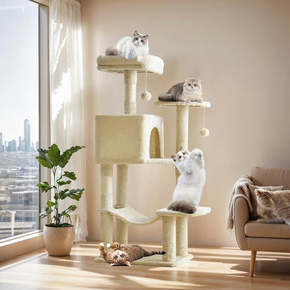 Cat Tree Tower 44 Inch, Small Cat Tower with Condo, Hammock, Sisal Scratching Posts, Extended Perch, Pet Play House for Indoor Kittens and Cats, Beige