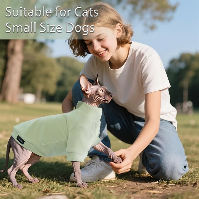Fleece Sphynx Cat Clothes Soft Hairless Cat Clothes Pullover Cat Sweater for Chihuahua All Season Light and Warm Kitten Cloth for Cats Only Puppy Clothes Small Dog Sweater (Pale Green, Large)