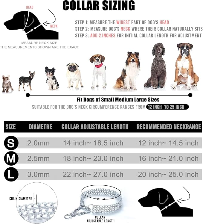 Silver Dog Choker Collar,2 Rows Stainless Steel Dog Chain Cuban Link Metal Martingale Collar Heavy Duty Training Choke Collar for Small Medium Large Big Breed (Silver, M(Neck Max 16inch) D2.5mm)
