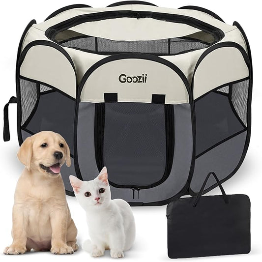 Pet Cat Playpen for Indoor Cats Enclosed, Puppy Dog Play Pen for Outdoor Travel Camping (Large Size, Beige & Dark Grey)